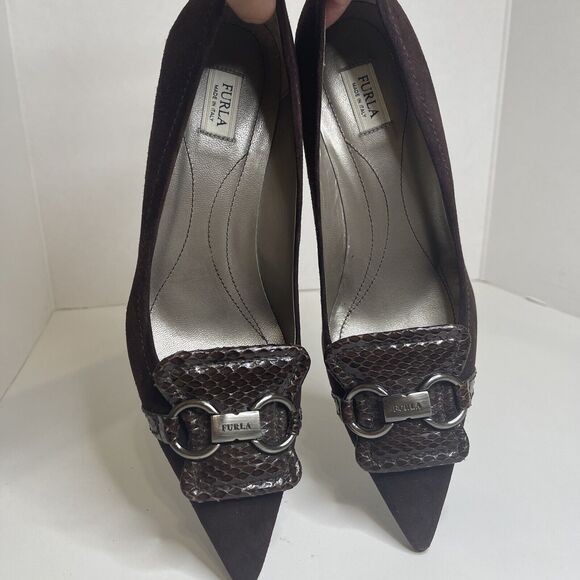 Furla Made In Italy Brown Suede Kitten Heels Size 37 - Picture 10 of 12